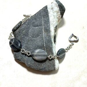 2/$20, Genuine Dark Grey Banded Agate Bracelet w/ Heart Arrow Toggle
